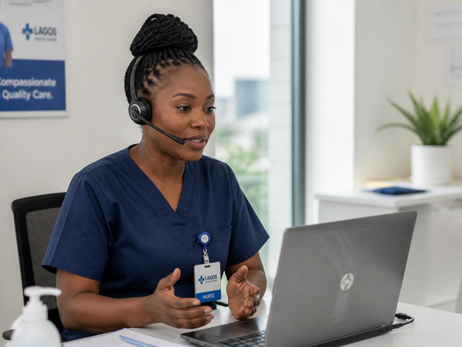 Nigerian nurse conducting a telehealth consultation